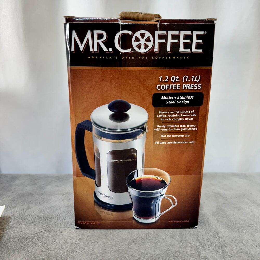 Mr. Coffee 38 Ounce French Press Coffee Press 1.2 Qt Stainless Steel New in Box